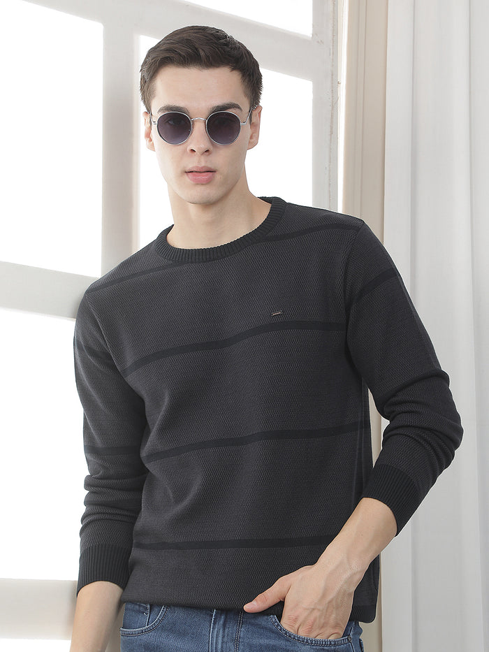 navy striped round sweater