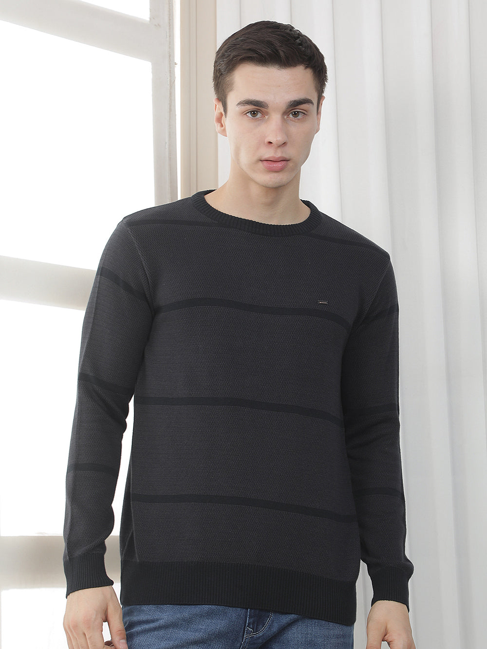 navy striped round sweater