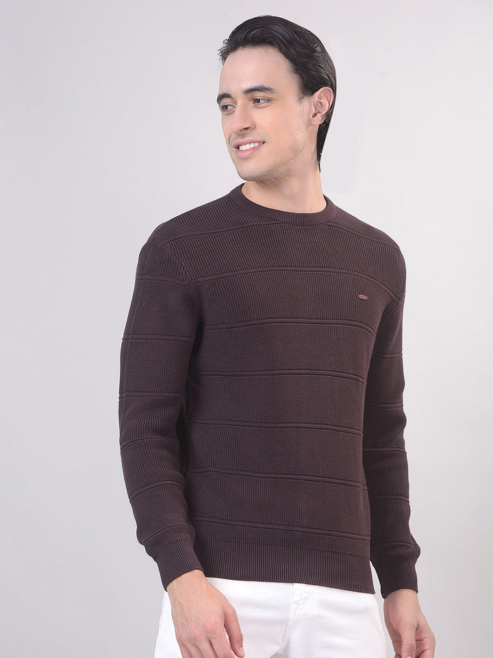 Dark Coffee Striped Round Sweater
