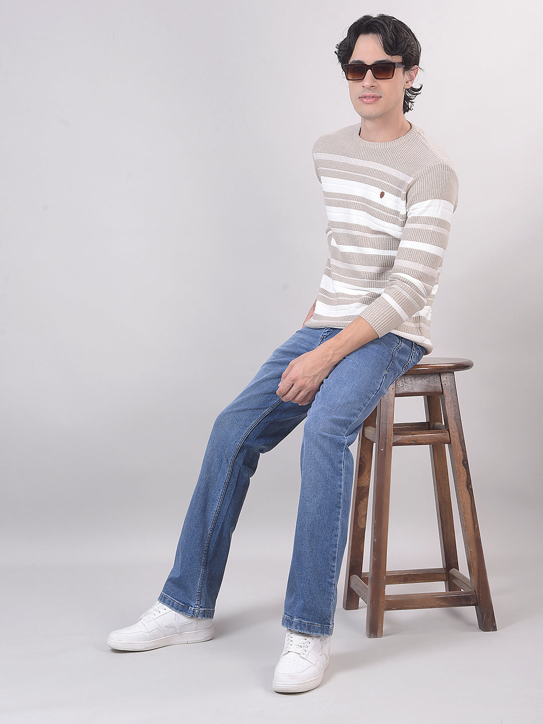 Beige Color-Block Round Sweater