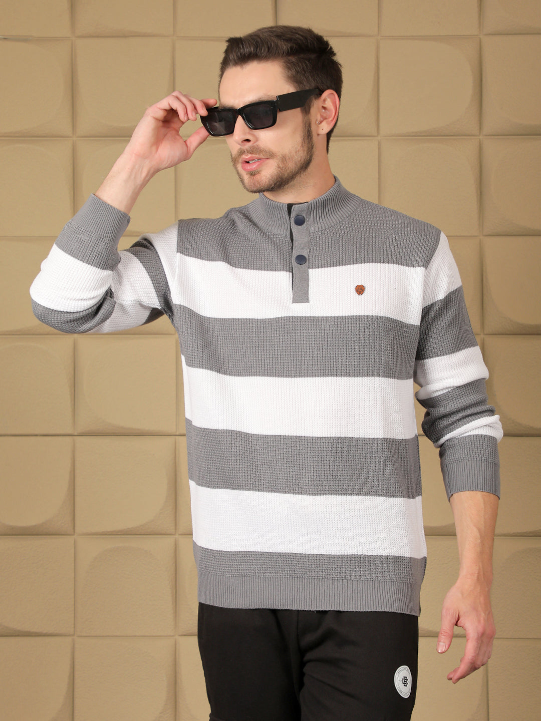 cobb grey white colour block round neck half-button sweater