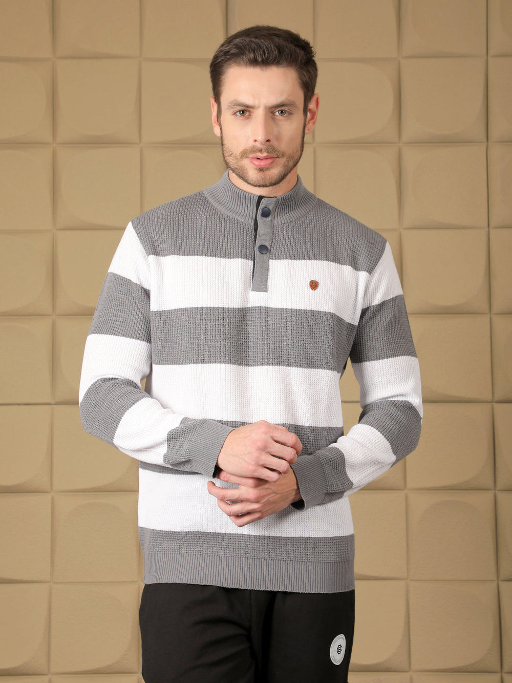 cobb grey white colour block round neck half-button sweater