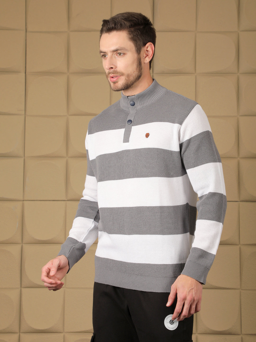 COBB GREY WHITE COLOUR BLOCK ROUND NECK HALF-BUTTON SWEATER