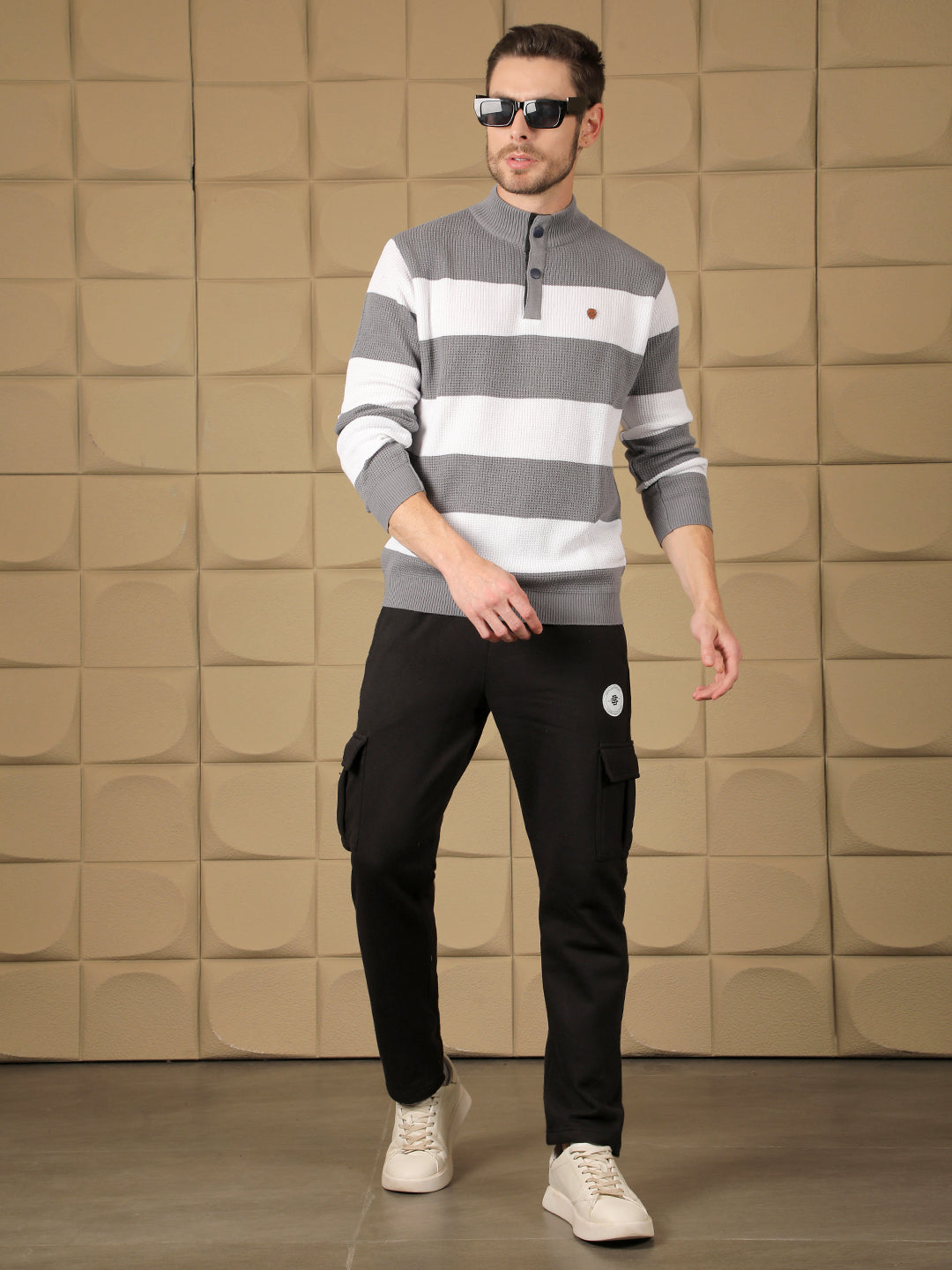 COBB GREY WHITE COLOUR BLOCK ROUND NECK HALF-BUTTON SWEATER