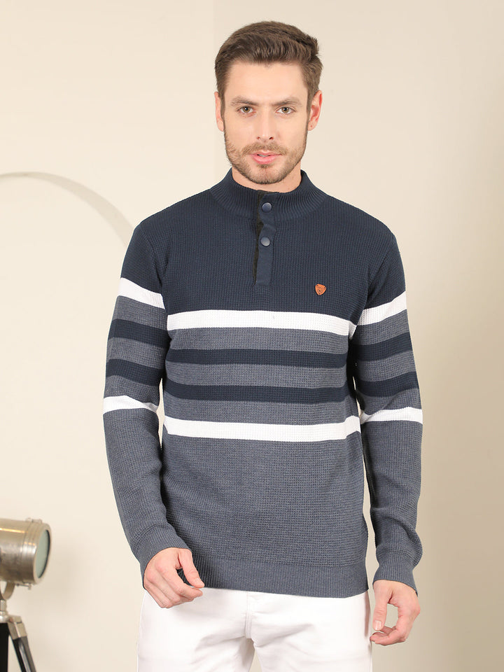 cobb navy blue striped round neck half-button sweater