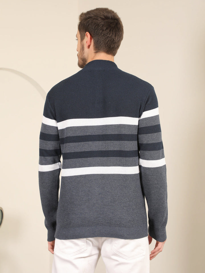 cobb navy blue striped round neck half-button sweater