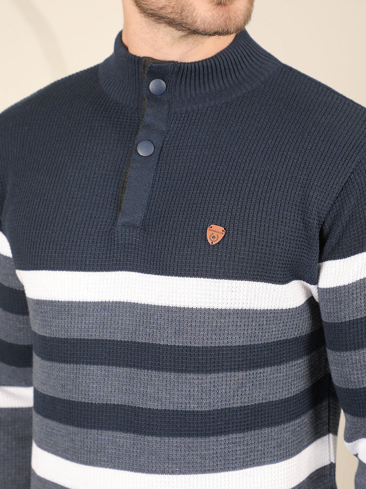 cobb navy blue striped round neck half-button sweater