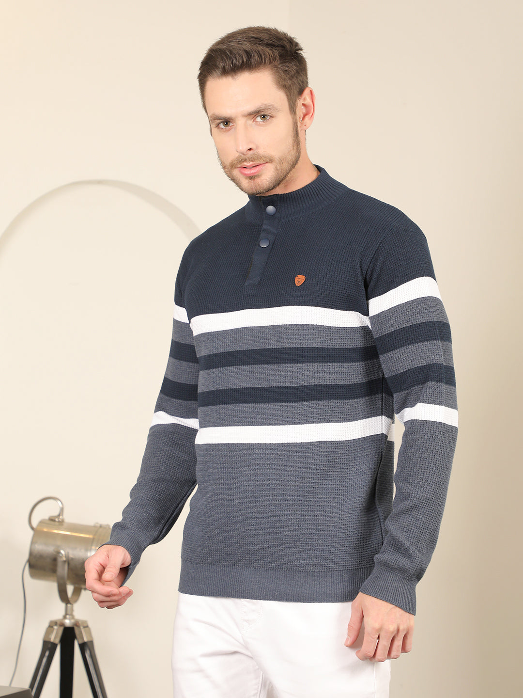 COBB NAVY BLUE STRIPED ROUND NECK HALF-BUTTON SWEATER