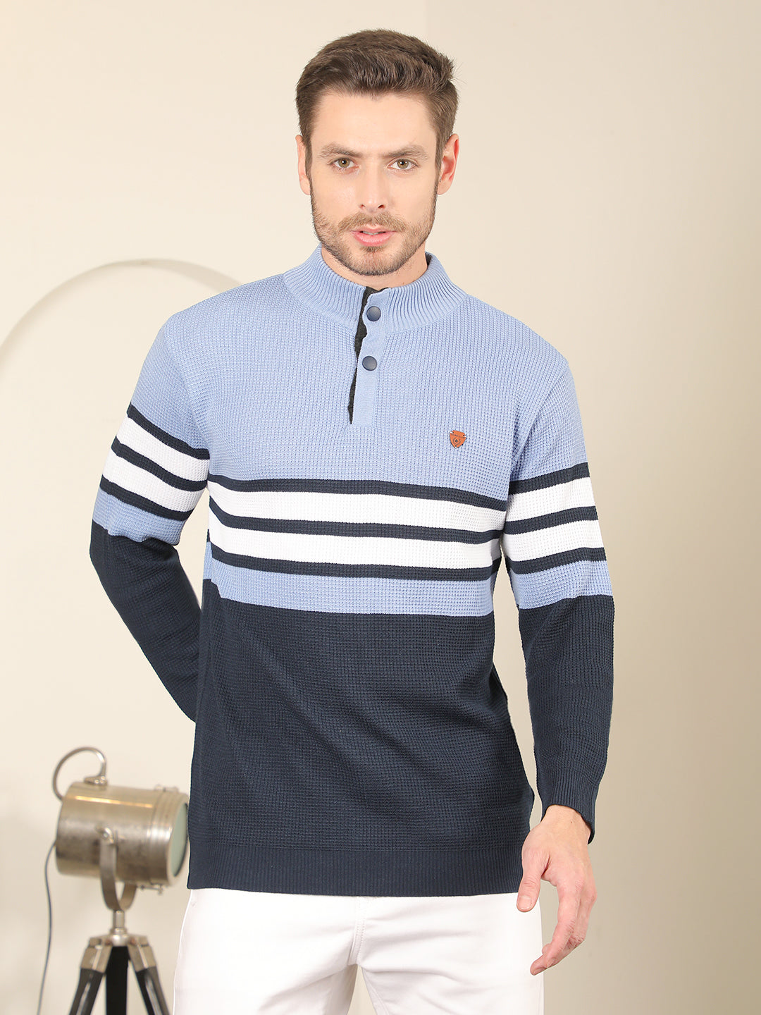 cobb slate blue striped round neck half-button sweater