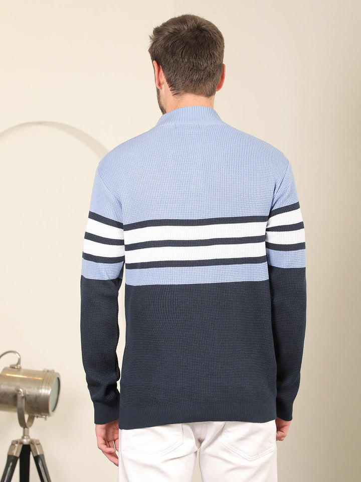 cobb slate blue striped round neck half-button sweater