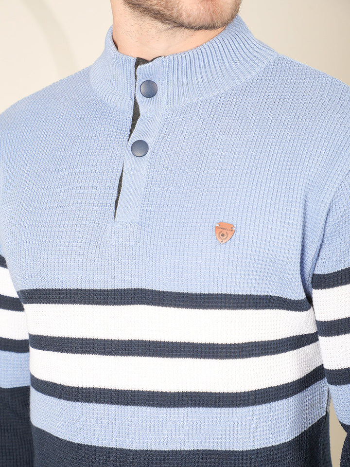 cobb slate blue striped round neck half-button sweater