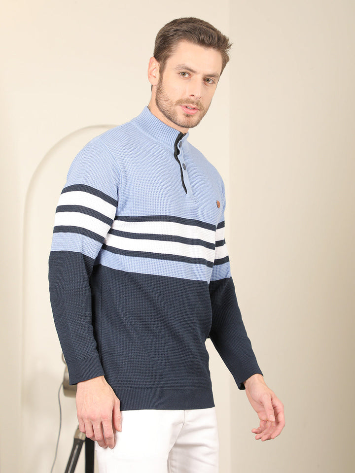 COBB SLATE BLUE STRIPED ROUND NECK HALF-BUTTON SWEATER