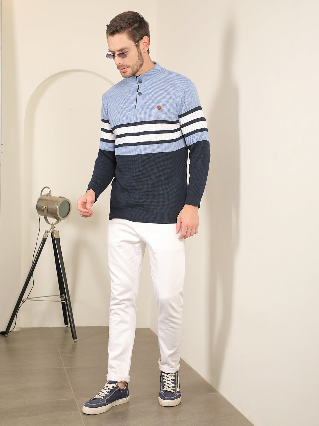 COBB SLATE BLUE STRIPED ROUND NECK HALF-BUTTON SWEATER