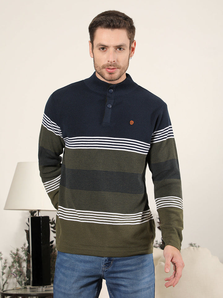 cobb navy olive striped half-button sweater