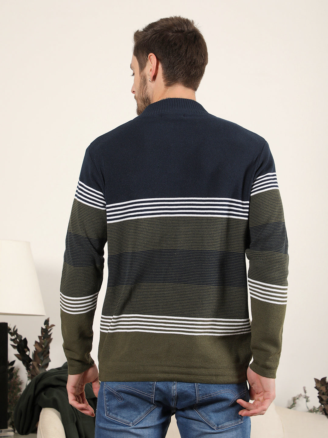 cobb navy olive striped half-button sweater