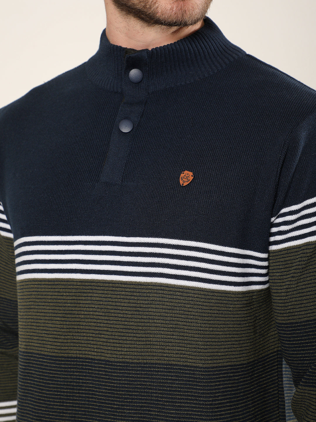 cobb navy olive striped half-button sweater