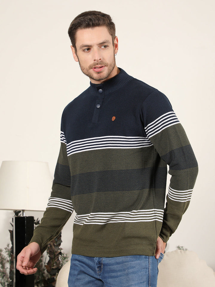 COBB NAVY OLIVE STRIPED HALF-BUTTON SWEATER