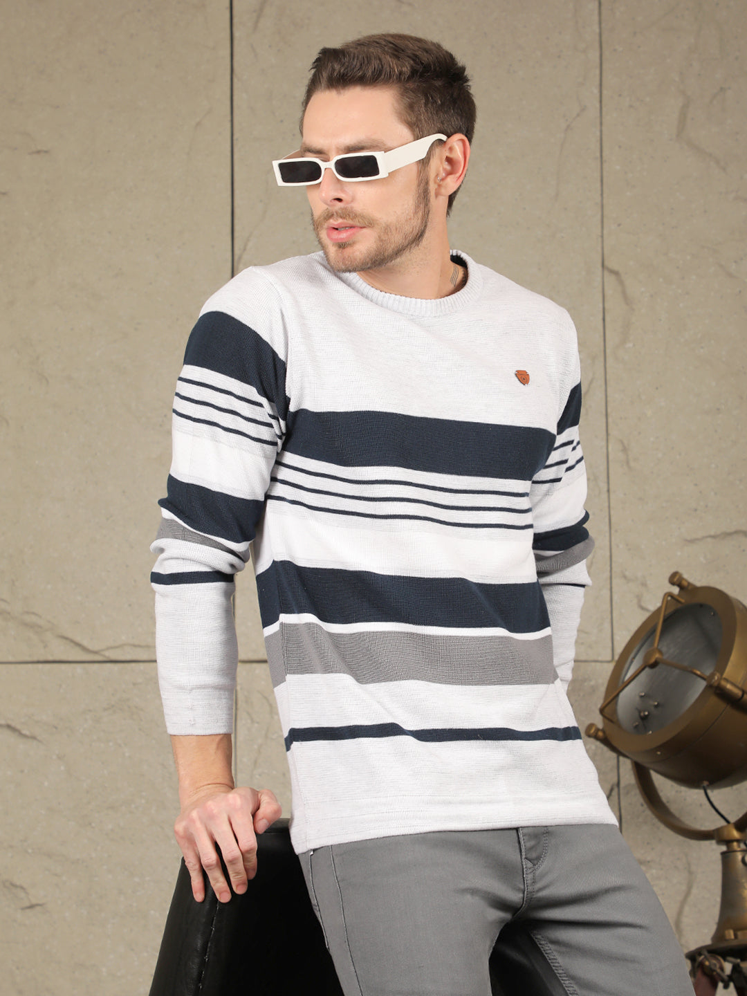 cobb light grey striped round neck sweater