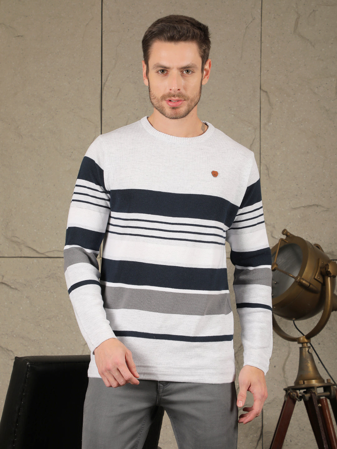 cobb light grey striped round neck sweater