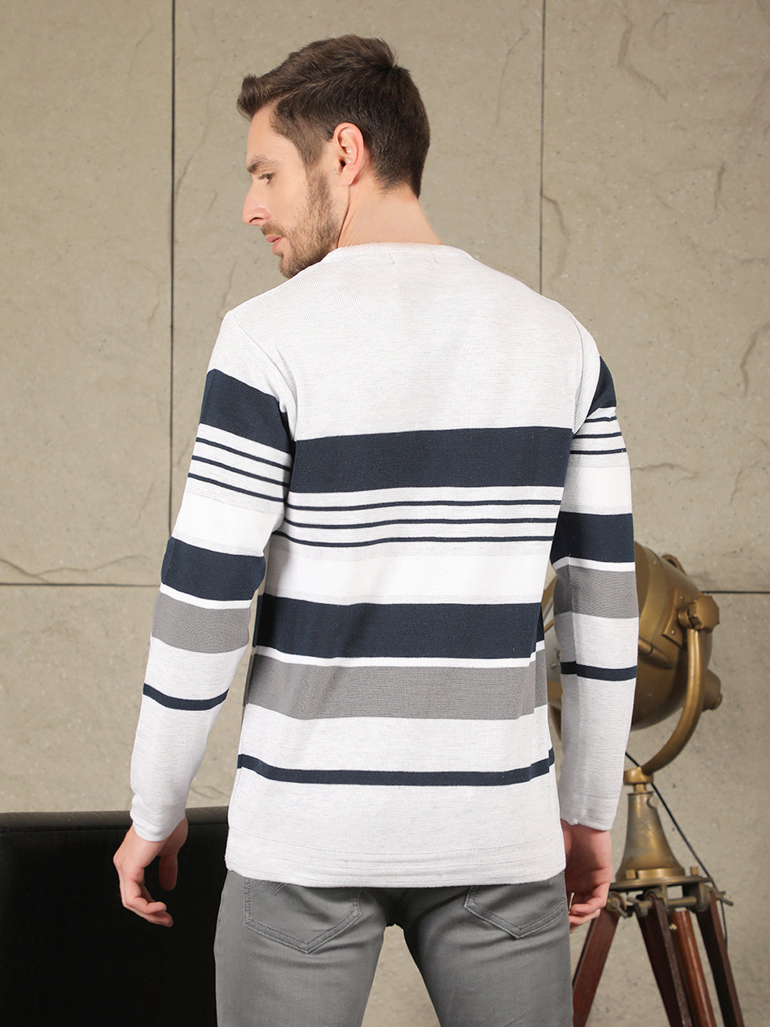 cobb light grey striped round neck sweater