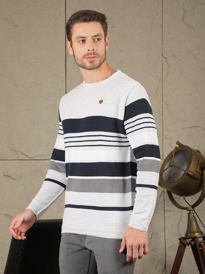 COBB LIGHT GREY STRIPED ROUND NECK SWEATER