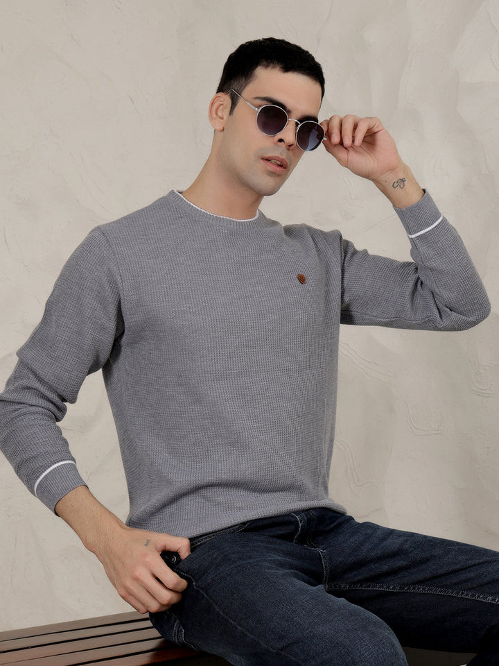 cobb solid grey round neck sweater