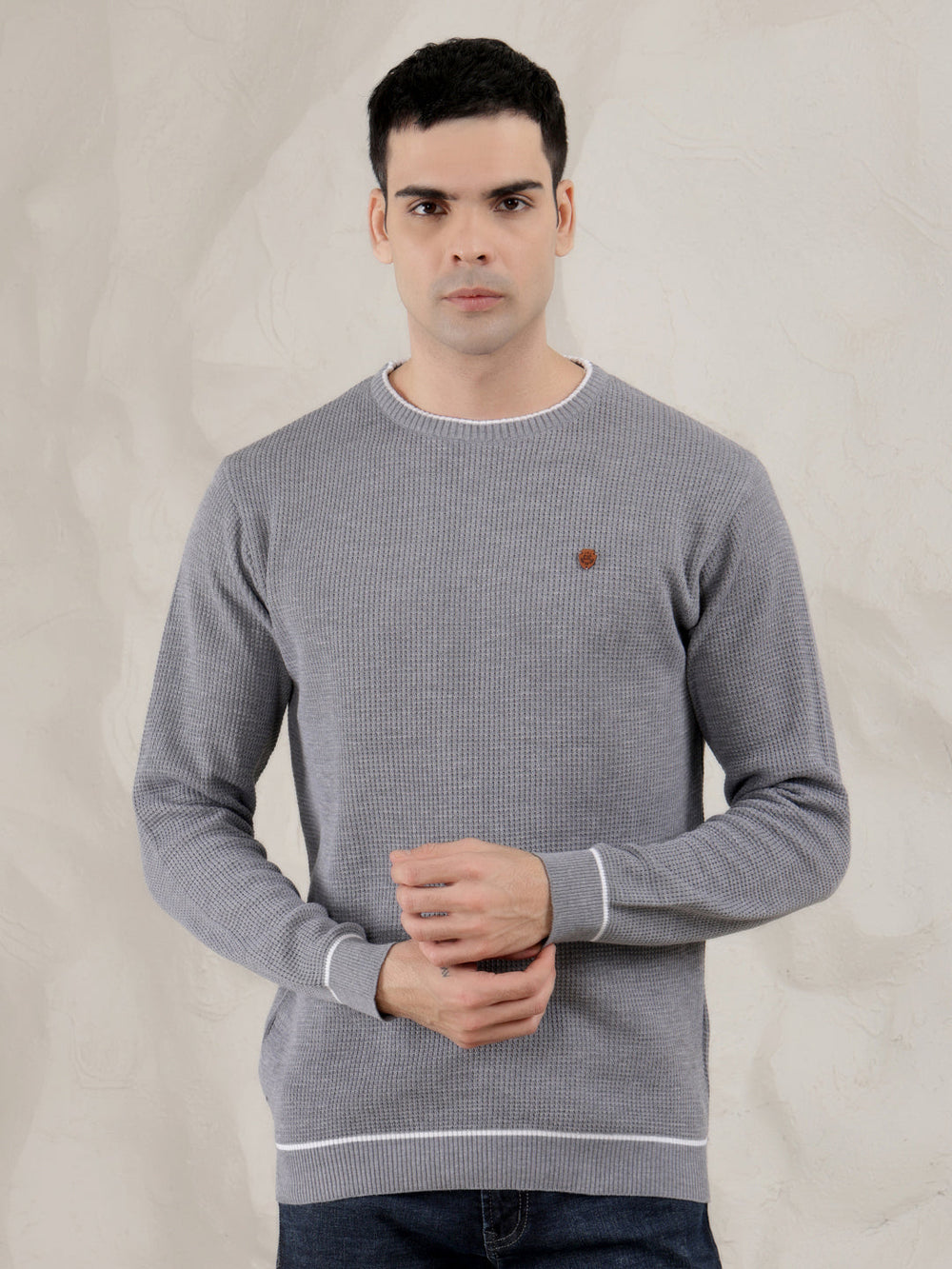 cobb solid grey round neck sweater