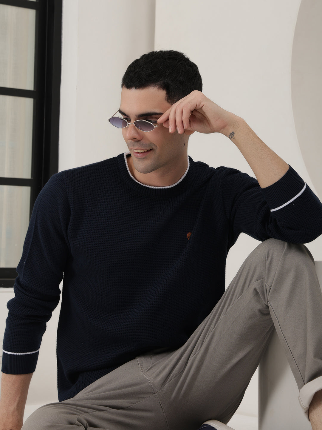 cobb solid navy blue round neck sweater