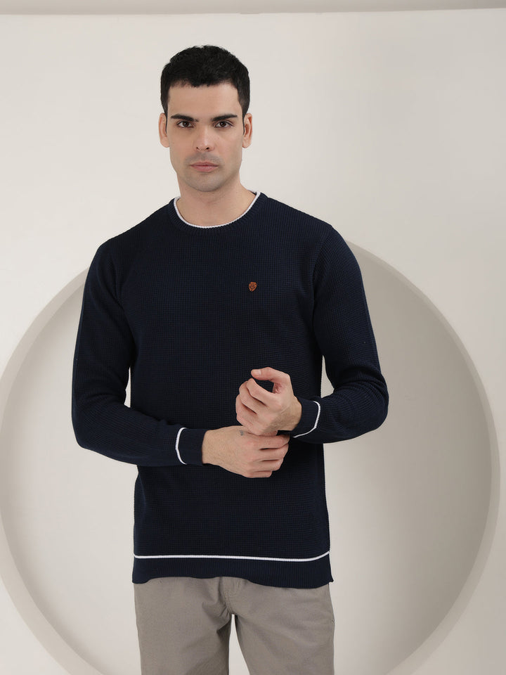 cobb solid navy blue round neck sweater