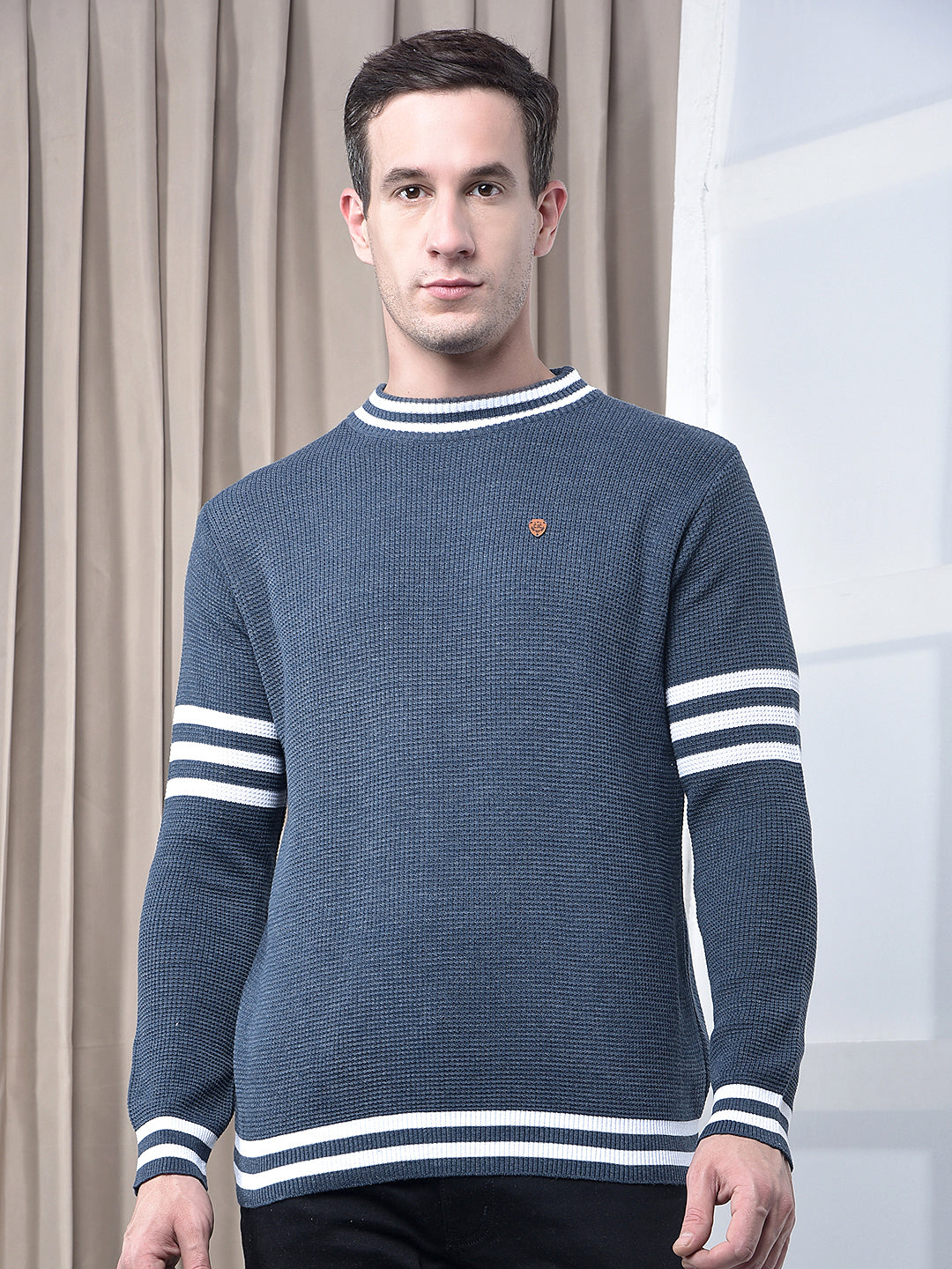 cobb dark blue grey striped round neck sweater
