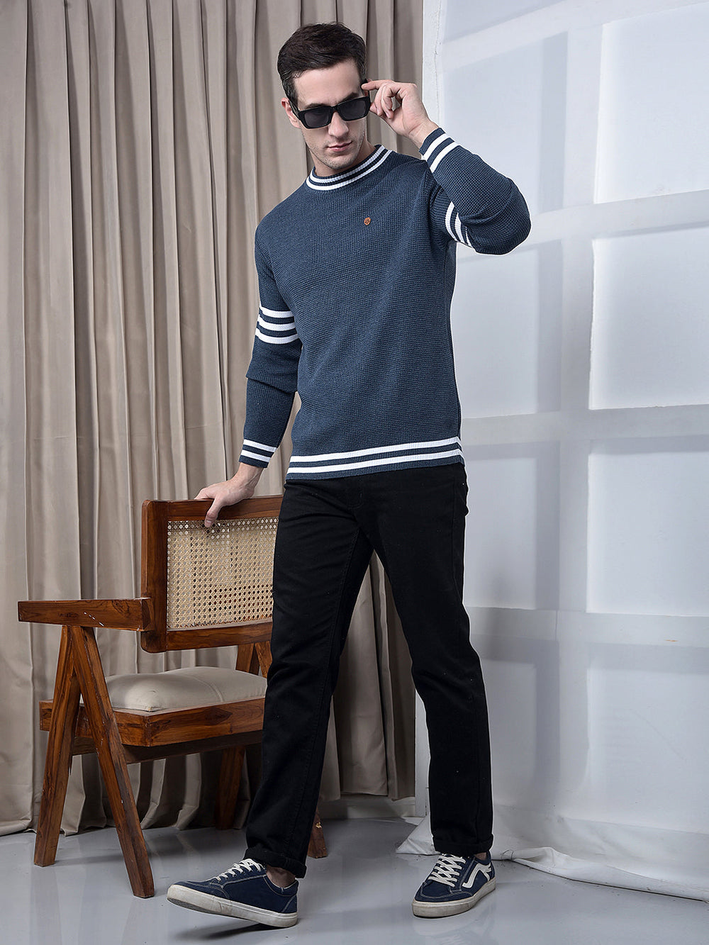 cobb dark blue grey striped round neck sweater