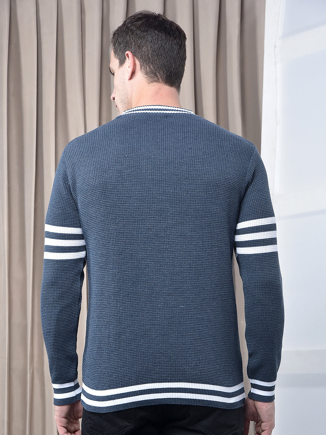 cobb dark blue grey striped round neck sweater