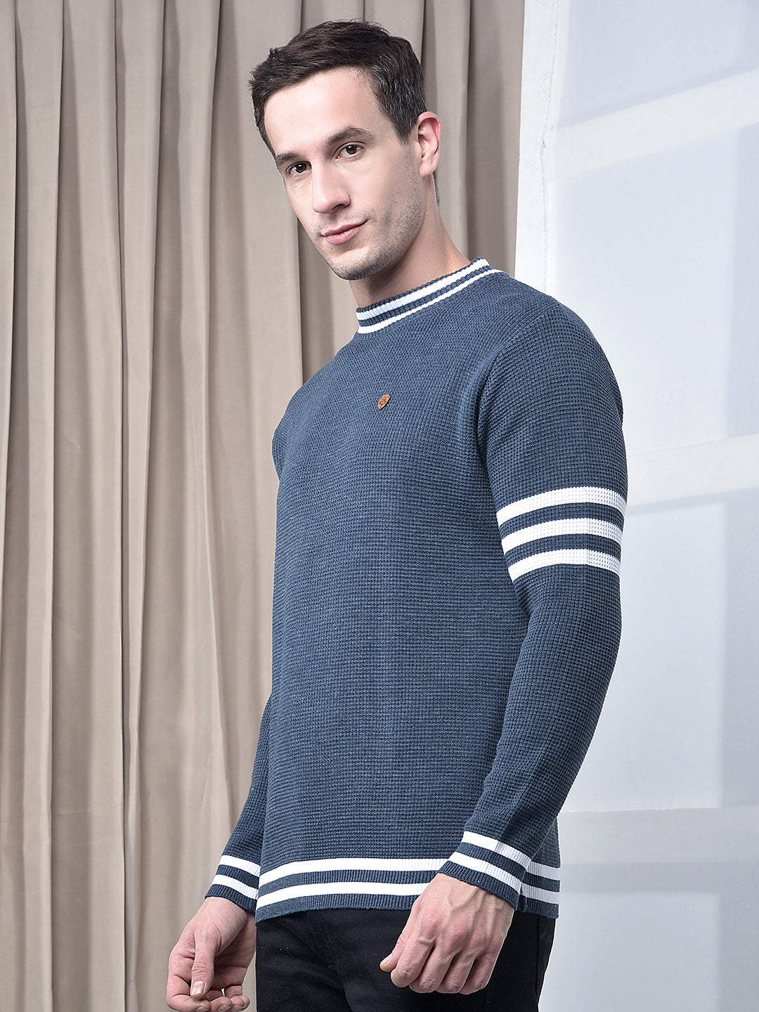 cobb dark blue grey striped round neck sweater