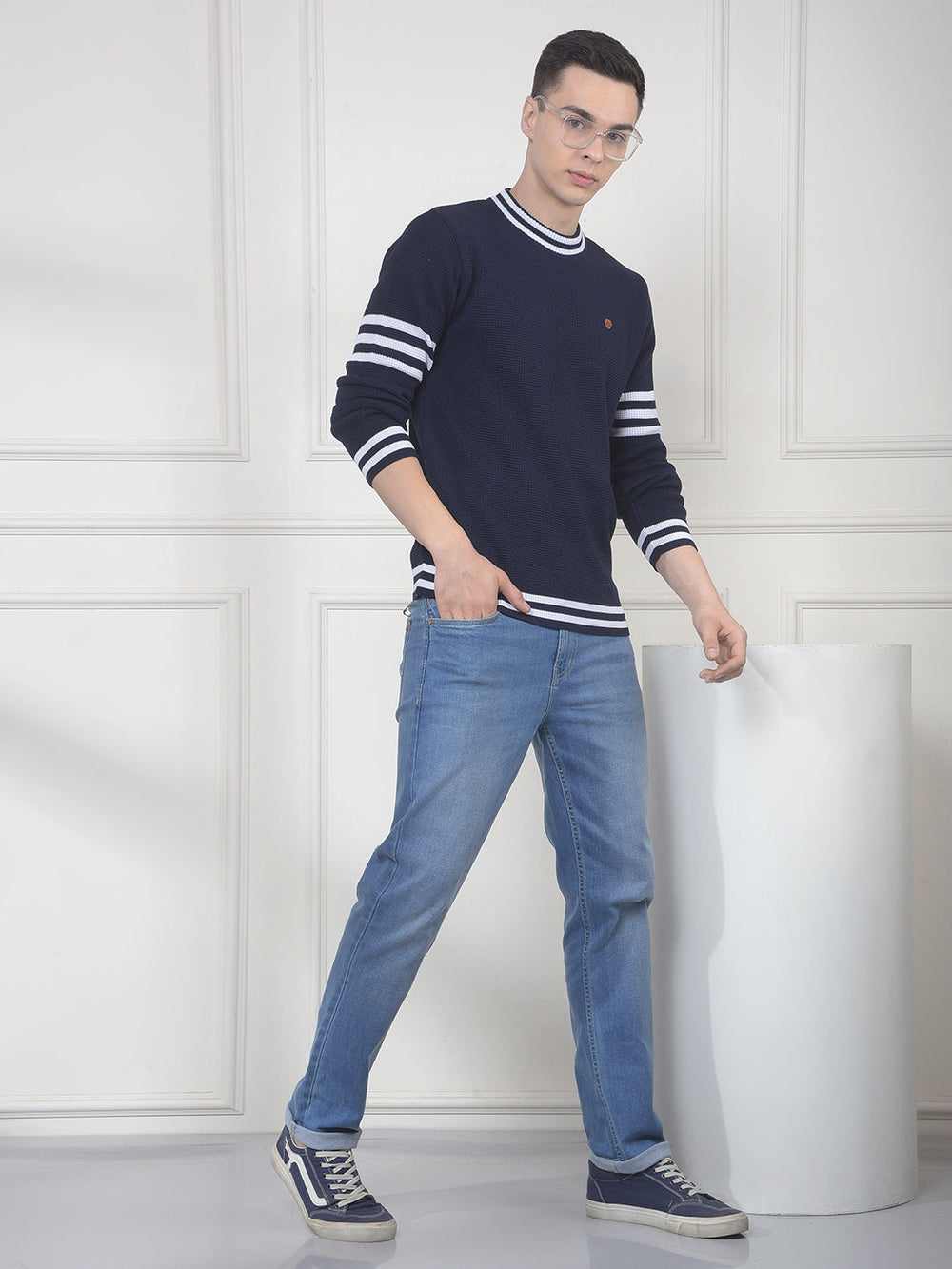 cobb navy striped round neck sweater