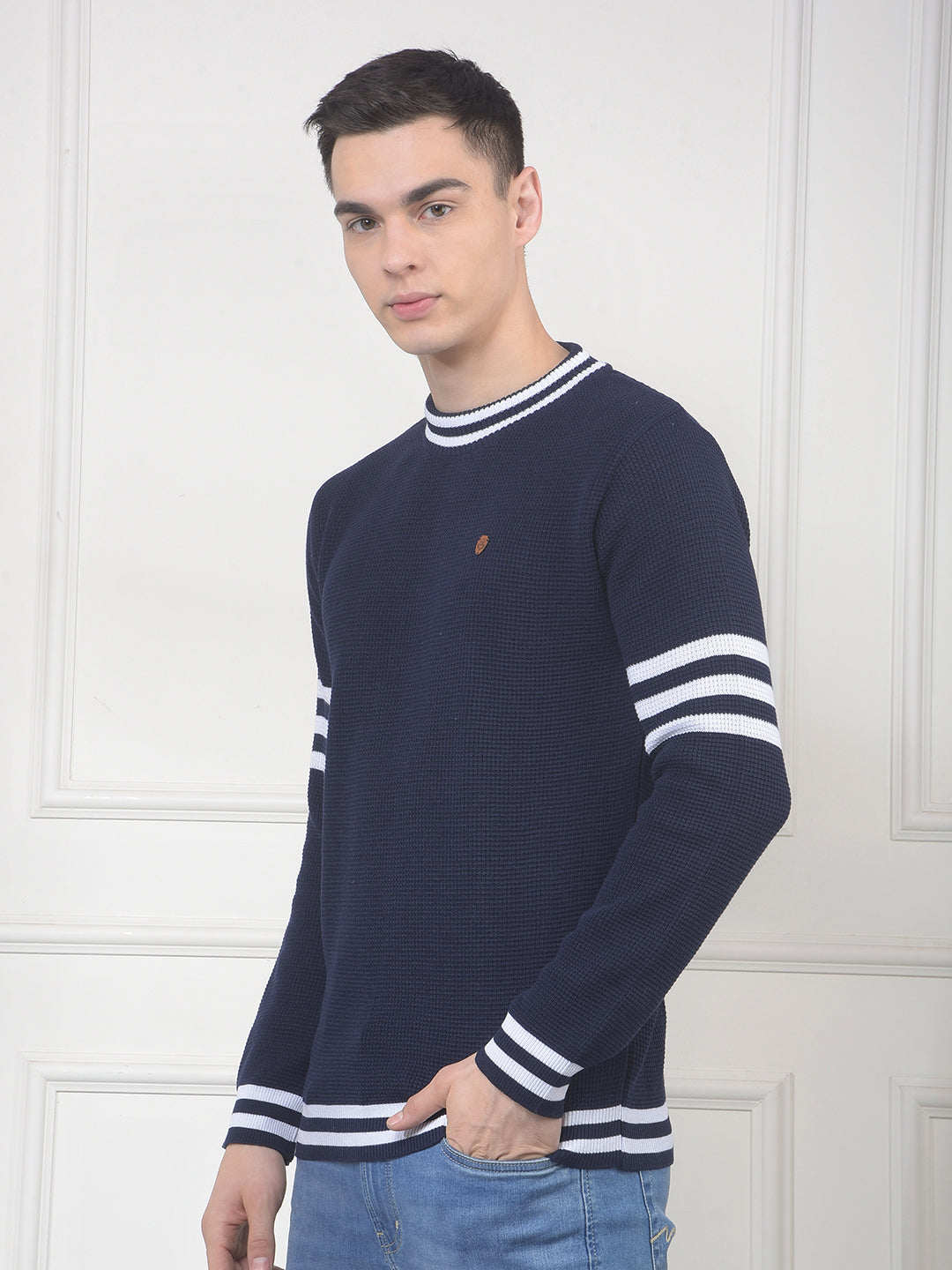 COBB NAVY STRIPED ROUND NECK SWEATER