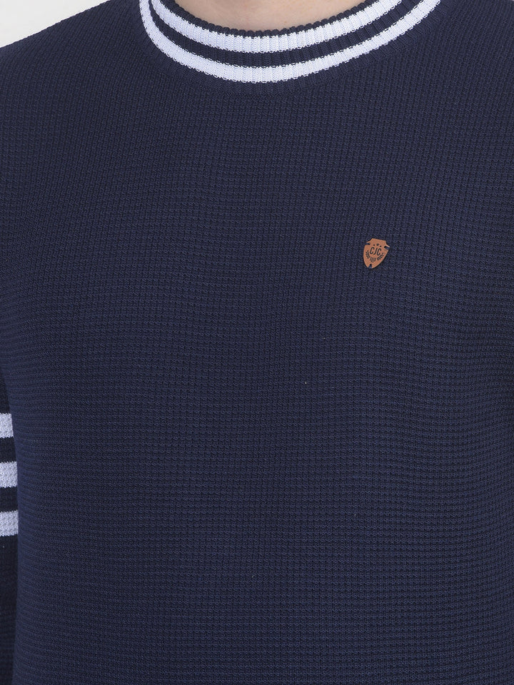 COBB NAVY STRIPED ROUND NECK SWEATER