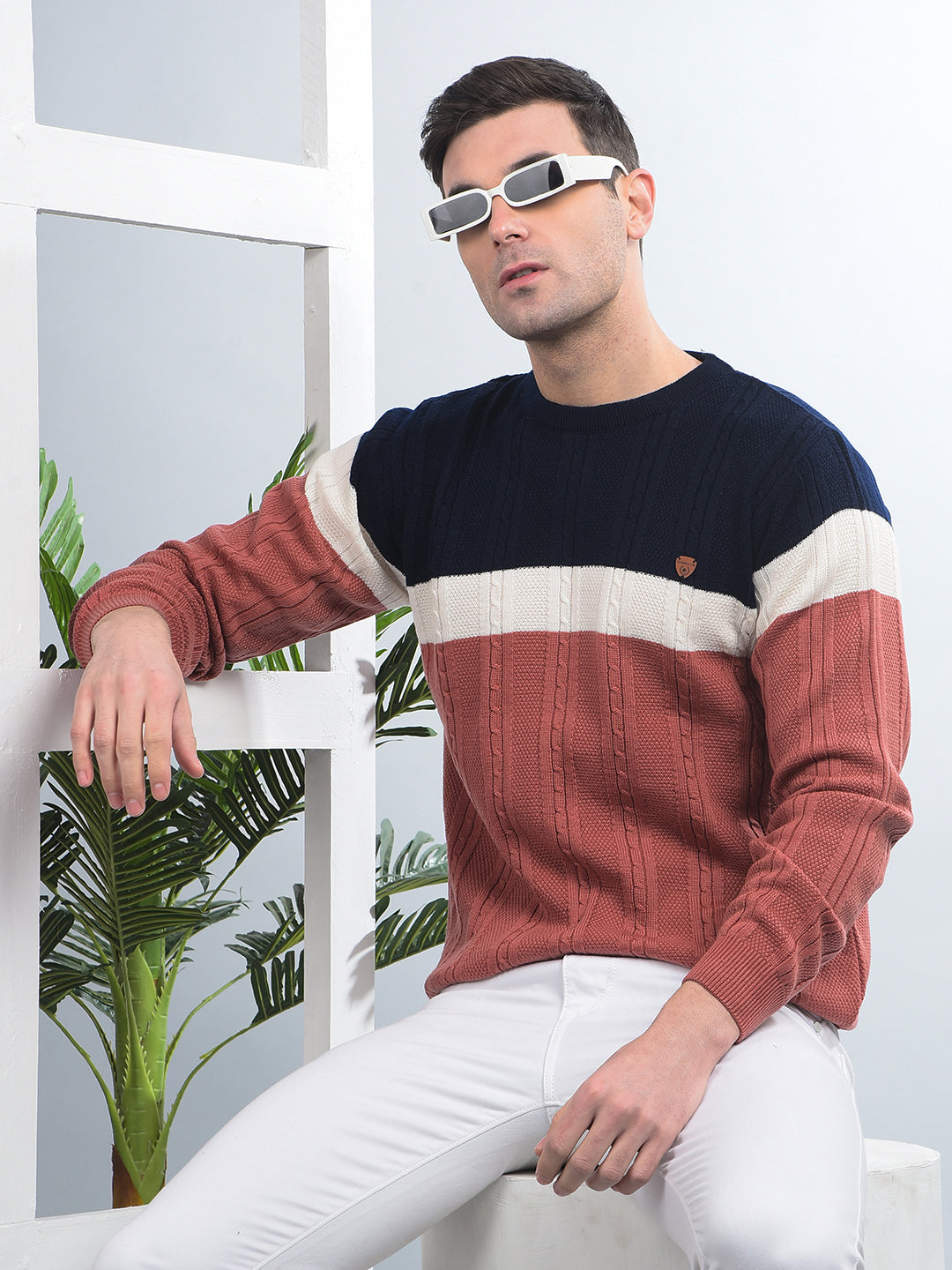 cobb coral colour-block round neck sweater