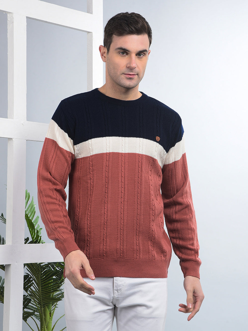 cobb coral colour-block round neck sweater