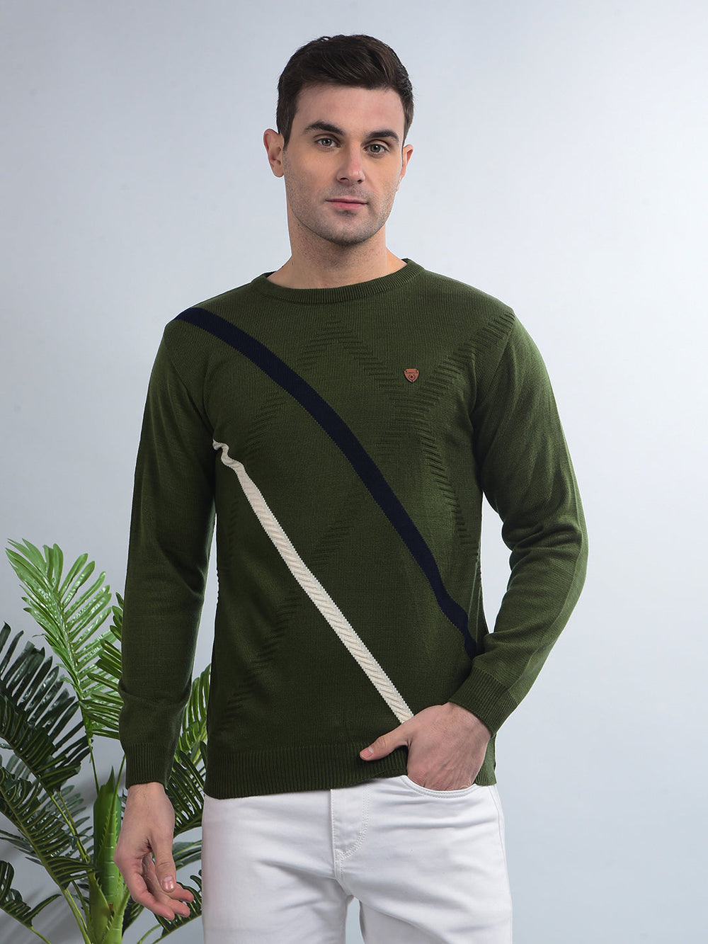 cobb dark green self-design round neck sweater