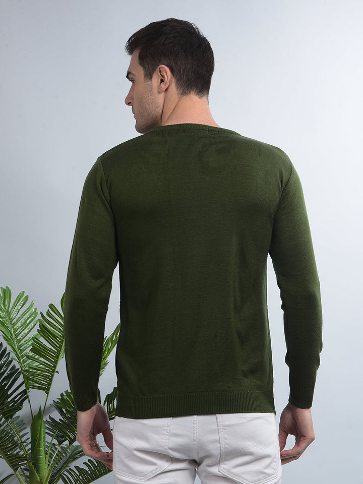 cobb dark green self-design round neck sweater