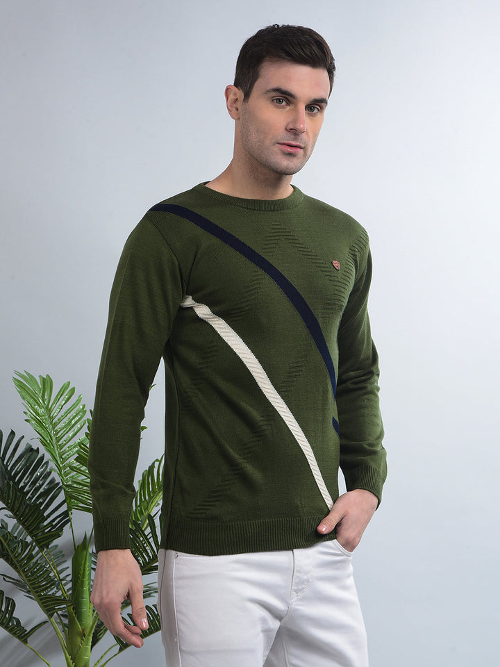 COBB DARK GREEN SELF-DESIGN ROUND NECK SWEATER