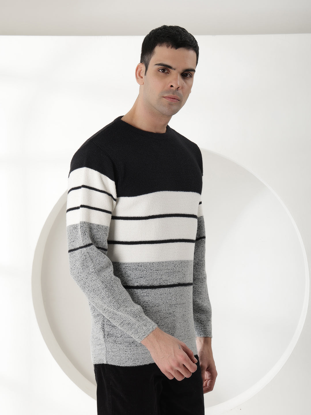 COBB BLACK STRIPED ROUND NECK SWEATER