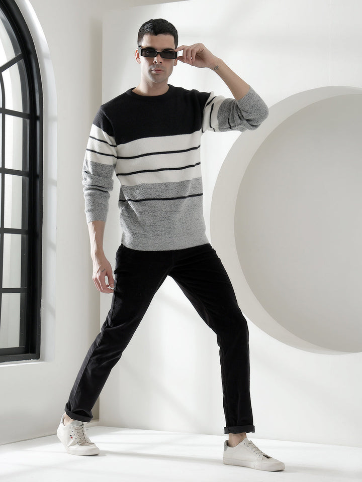 COBB BLACK STRIPED ROUND NECK SWEATER