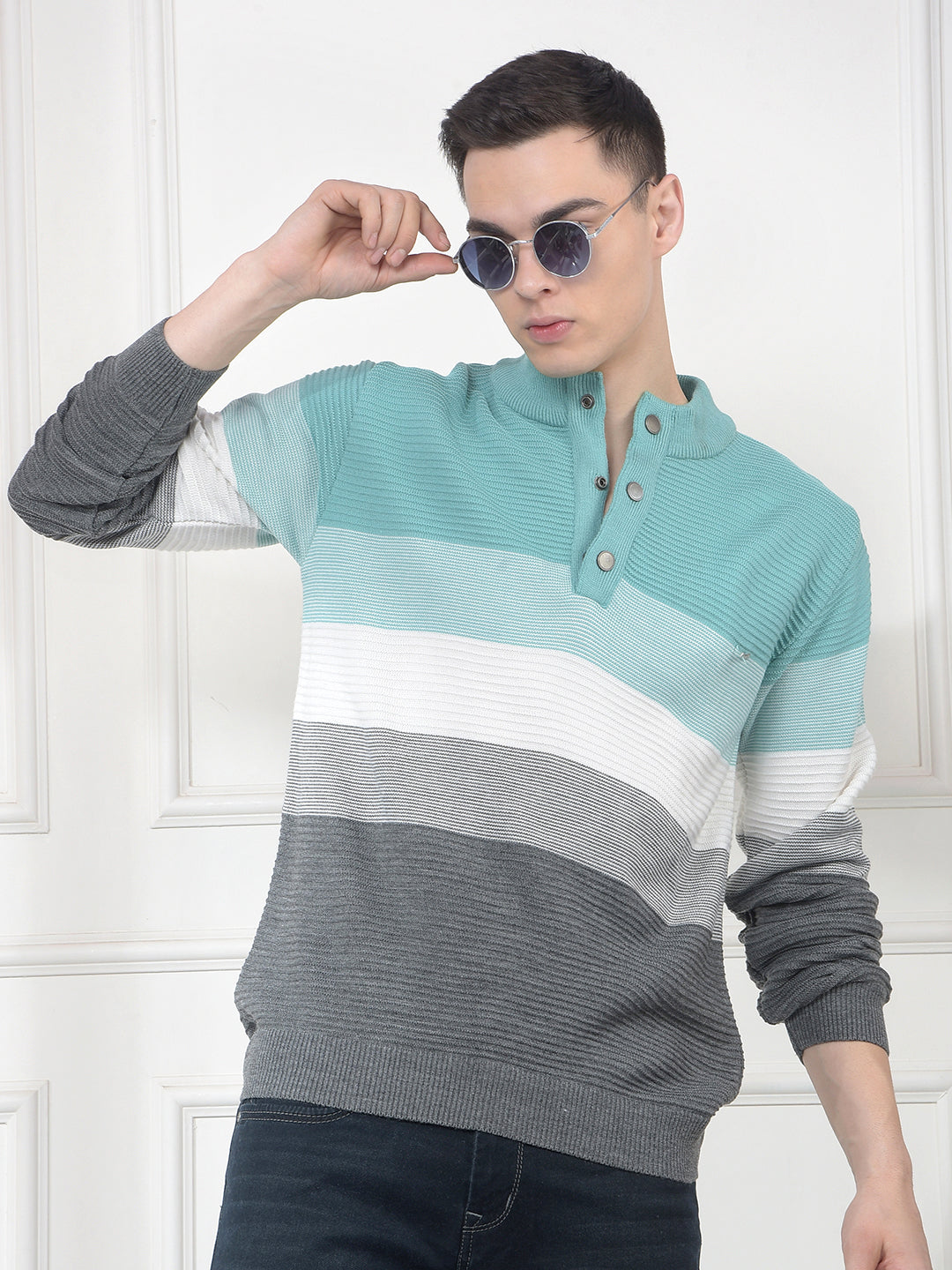 cobb sea green color-block half-button sweater