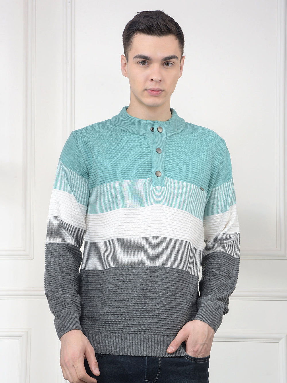 cobb sea green color-block half-button sweater