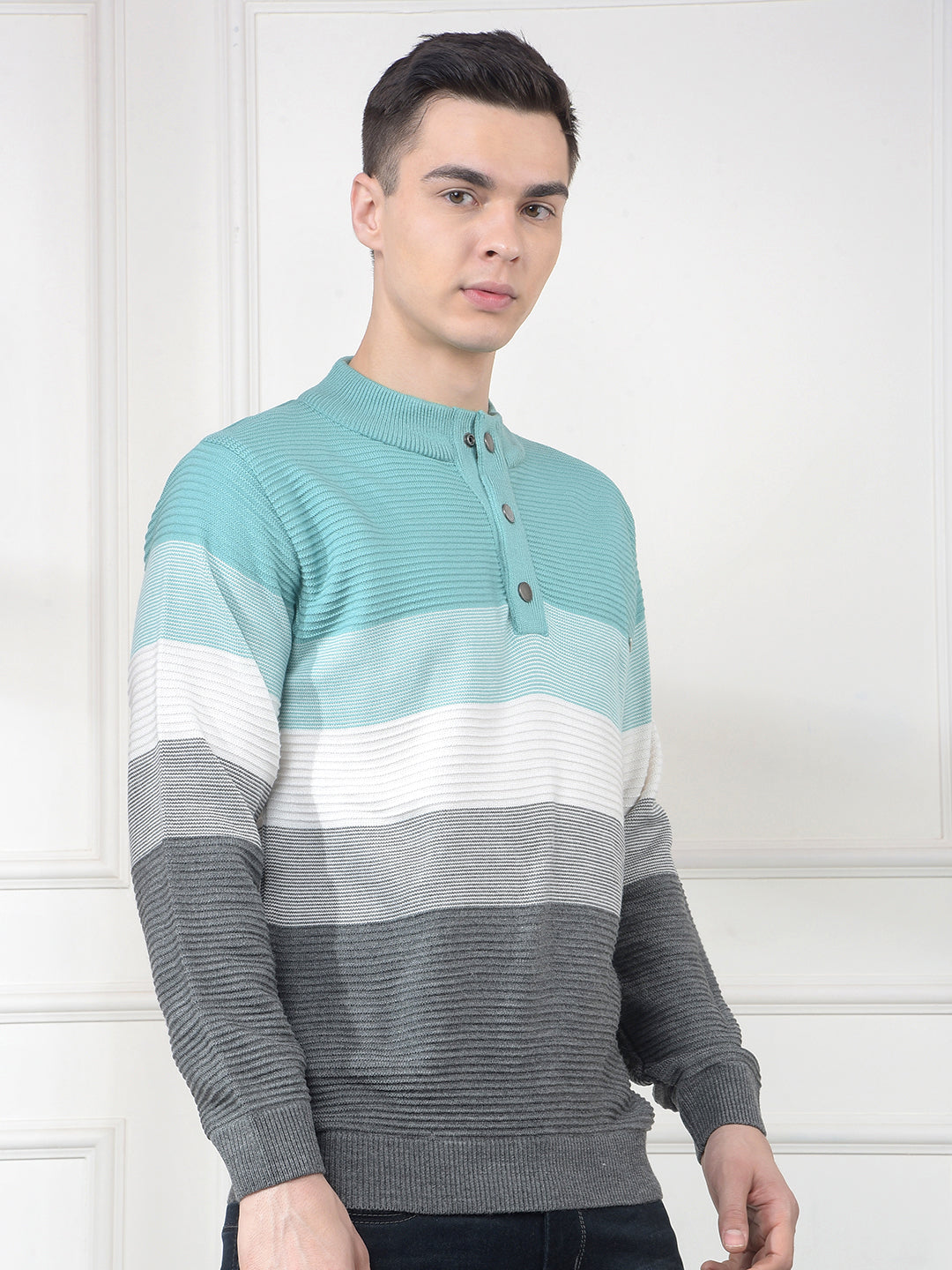 cobb sea green color-block half-button sweater