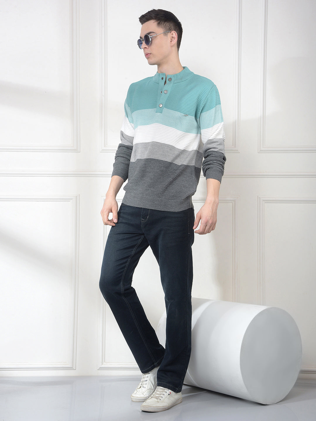 COBB SEA GREEN COLOR-BLOCK HALF-BUTTON SWEATER