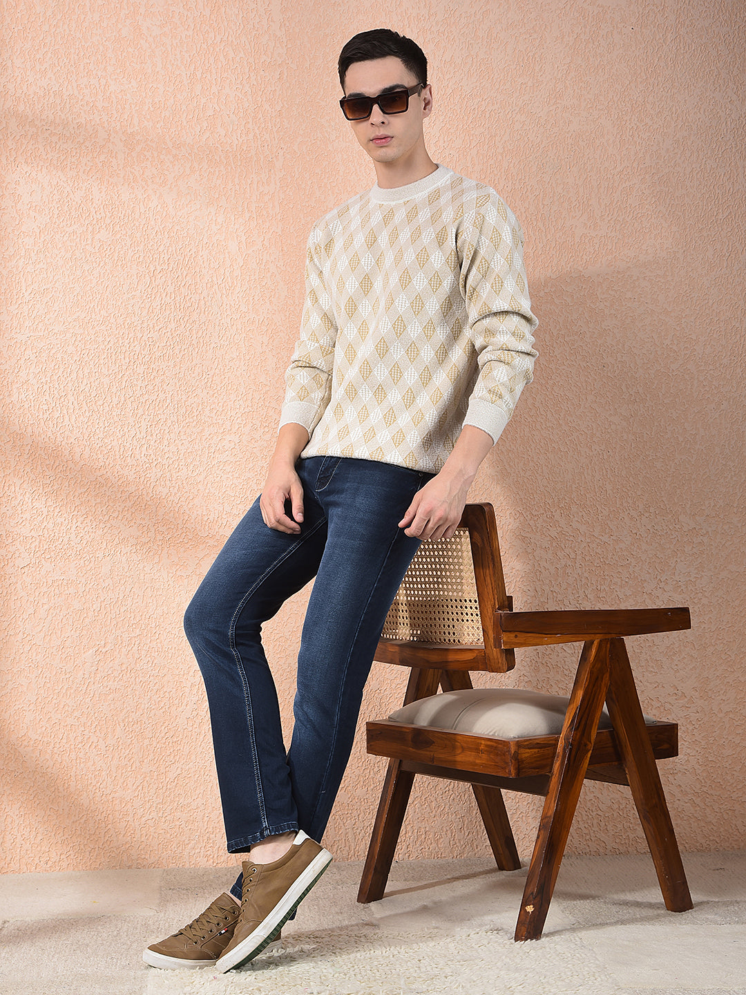 cobb beige self-design round neck sweater