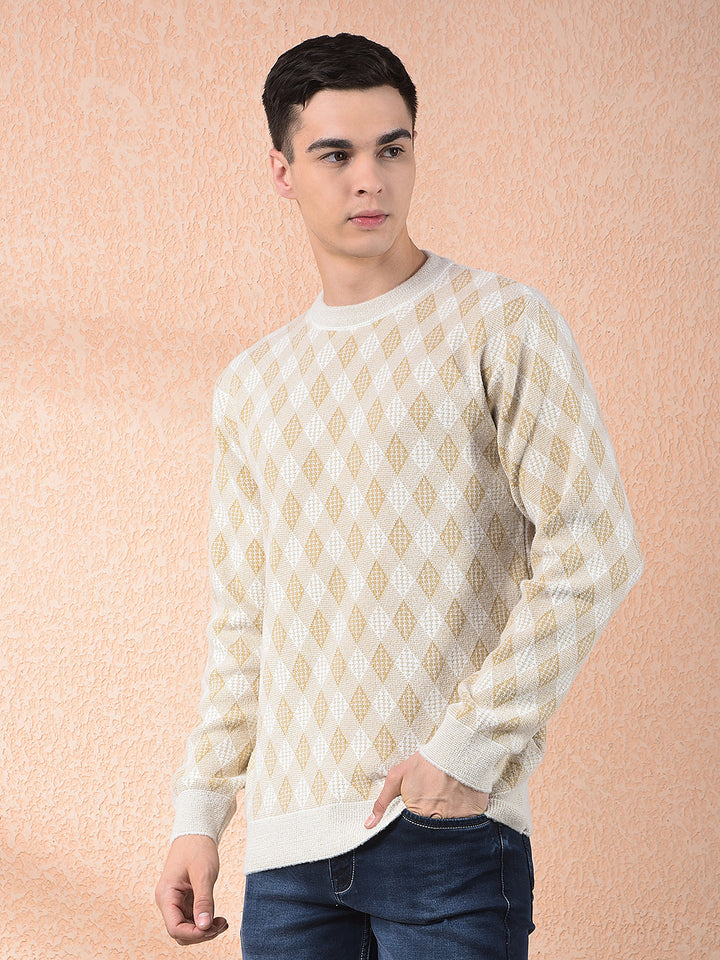 COBB BEIGE SELF-DESIGN ROUND NECK SWEATER