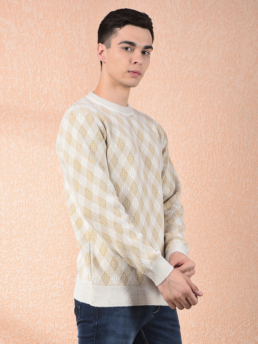 COBB BEIGE SELF-DESIGN ROUND NECK SWEATER